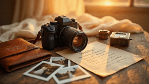 A professional camera with a prime lens on a wooden table bathed in golden hour sunlight, accompanied by a leather portfolio, scattered photographs, a vintage light meter, and a handwritten shot list, all under warm amber tones.