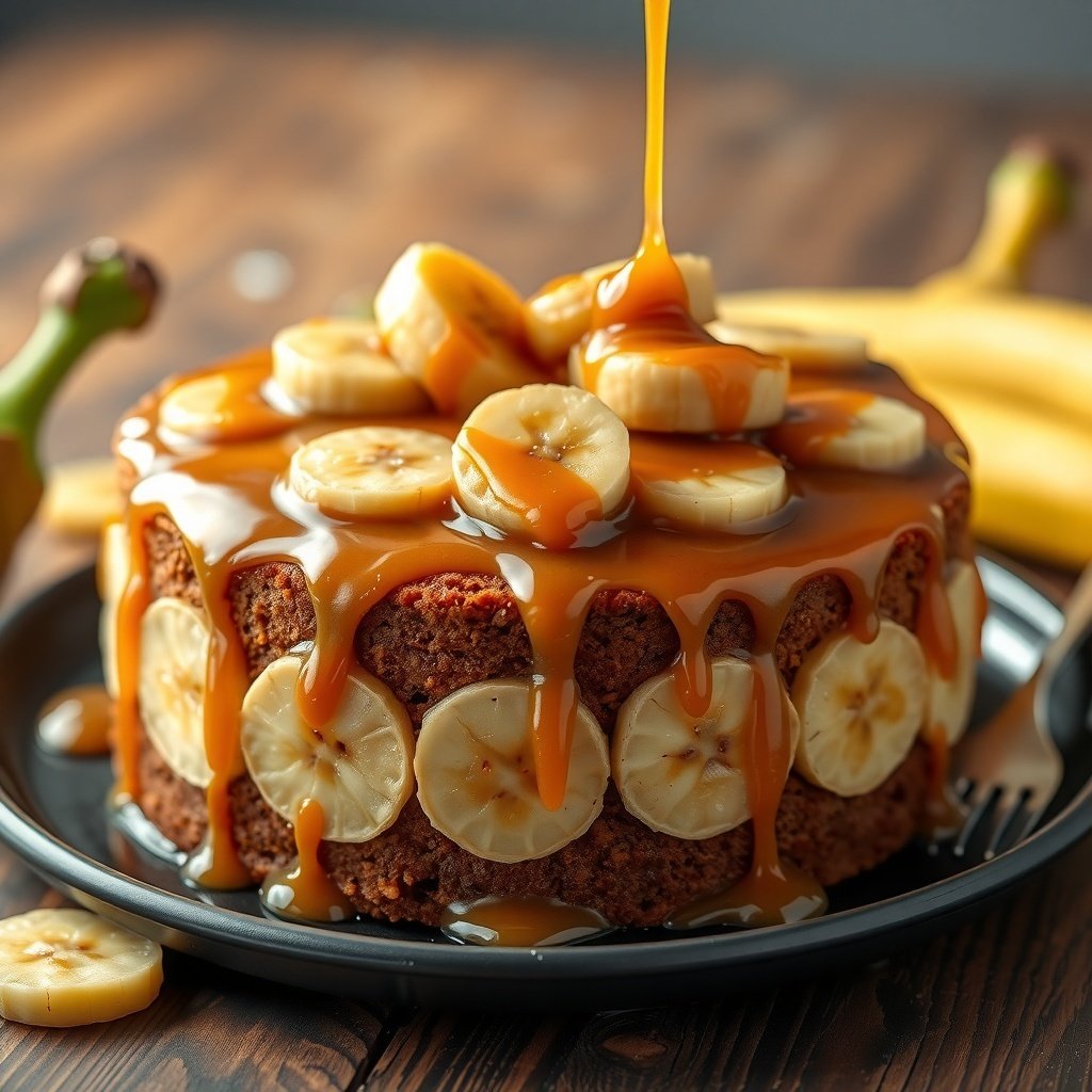 A beautifully decorated Banana Foster Cake topped with banana slices and caramel sauce.