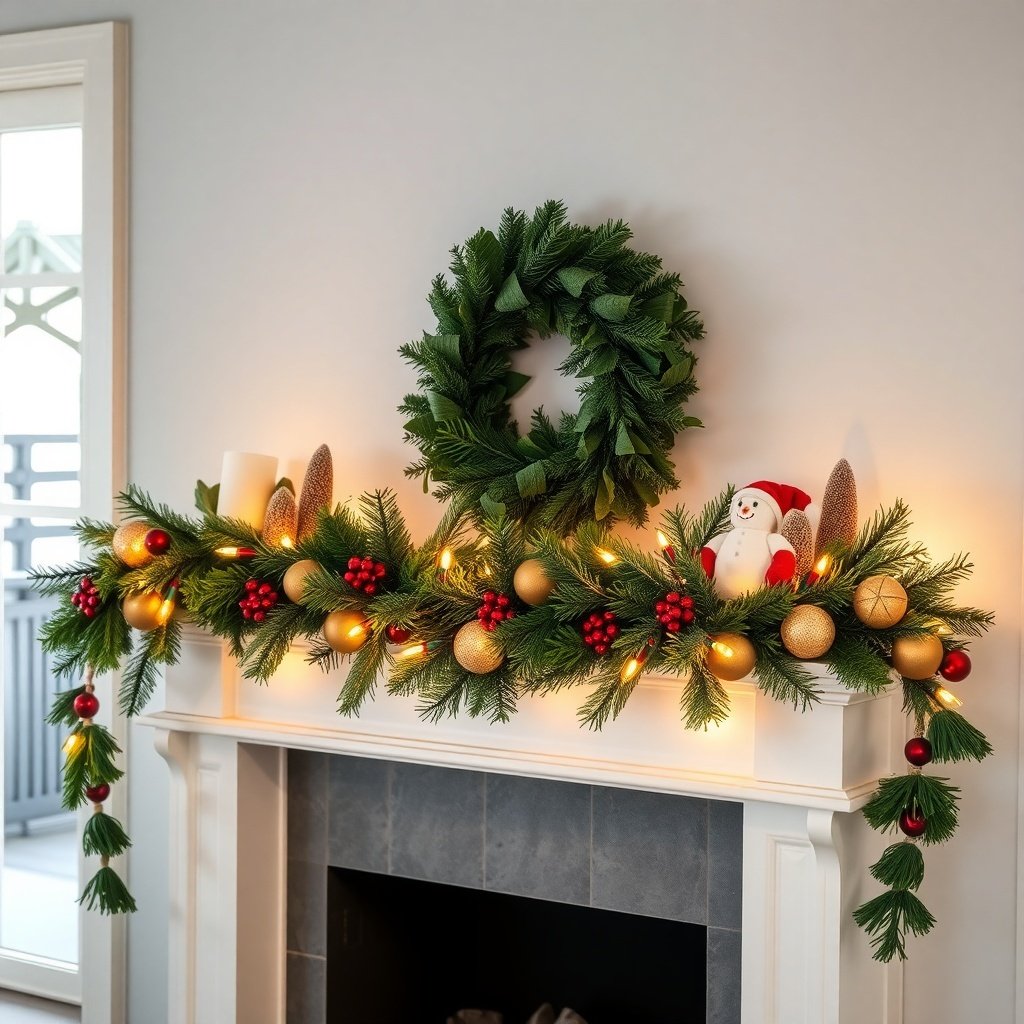 A winter-themed garland on a mantel with a wreath, ornaments, and soft lights.