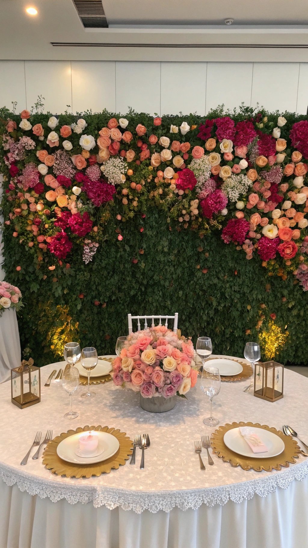 A beautifully decorated wedding table with a floral wall backdrop featuring roses and greenery.