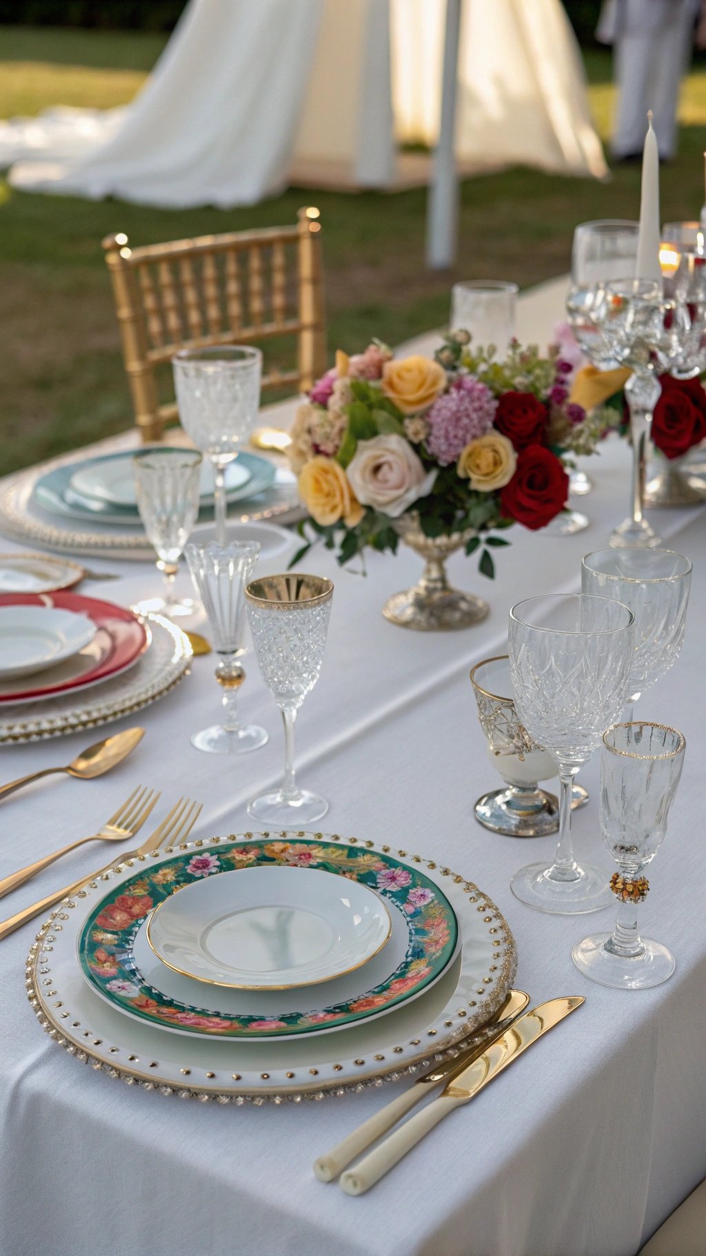 A beautifully set wedding table with elegant glassware, floral centerpieces, and gold cutlery.