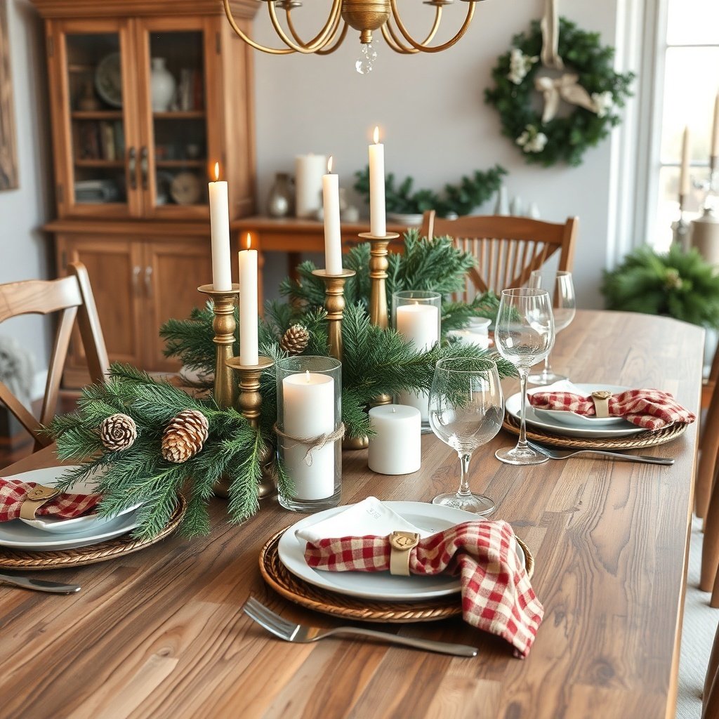 A beautifully set dining table with evergreen centerpieces, candles, and rustic decor.