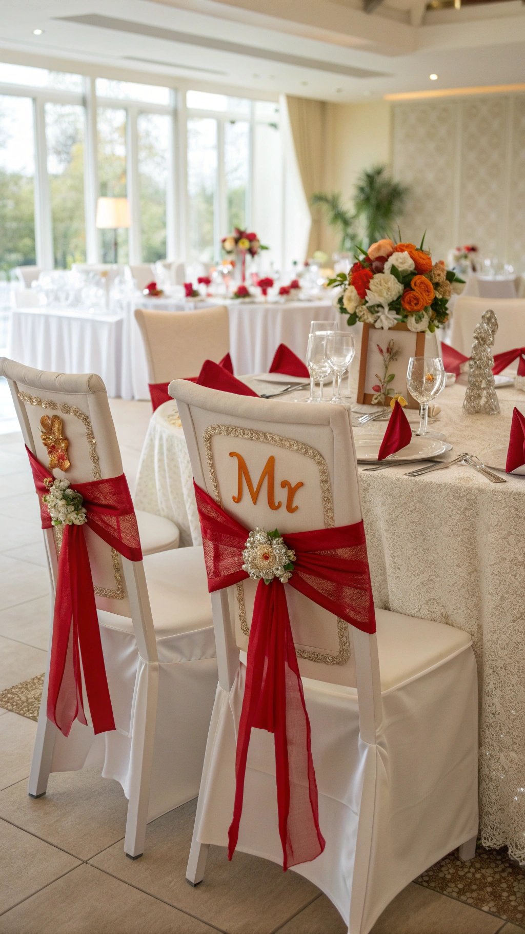 Chairs decorated with red ribbons and floral accents for a wedding reception.