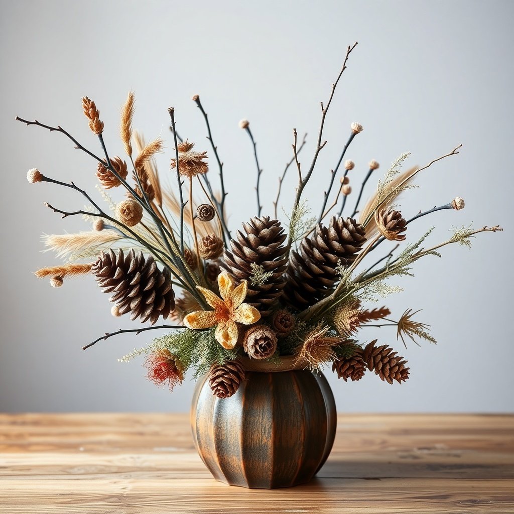 A decorative arrangement featuring pinecones, twigs, and dried flowers in a vase.