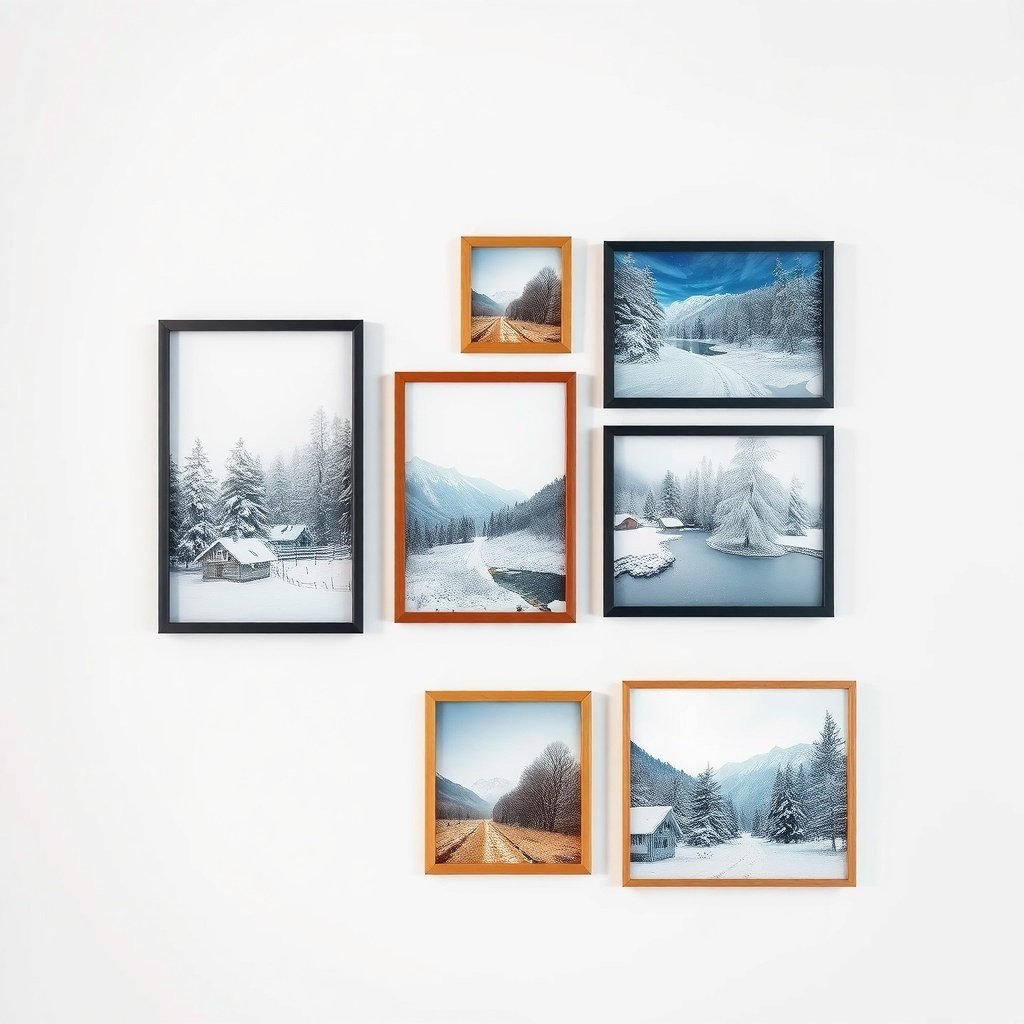 A collection of winter-themed wall art featuring snowy landscapes in various frames. Winter Decor Ideas