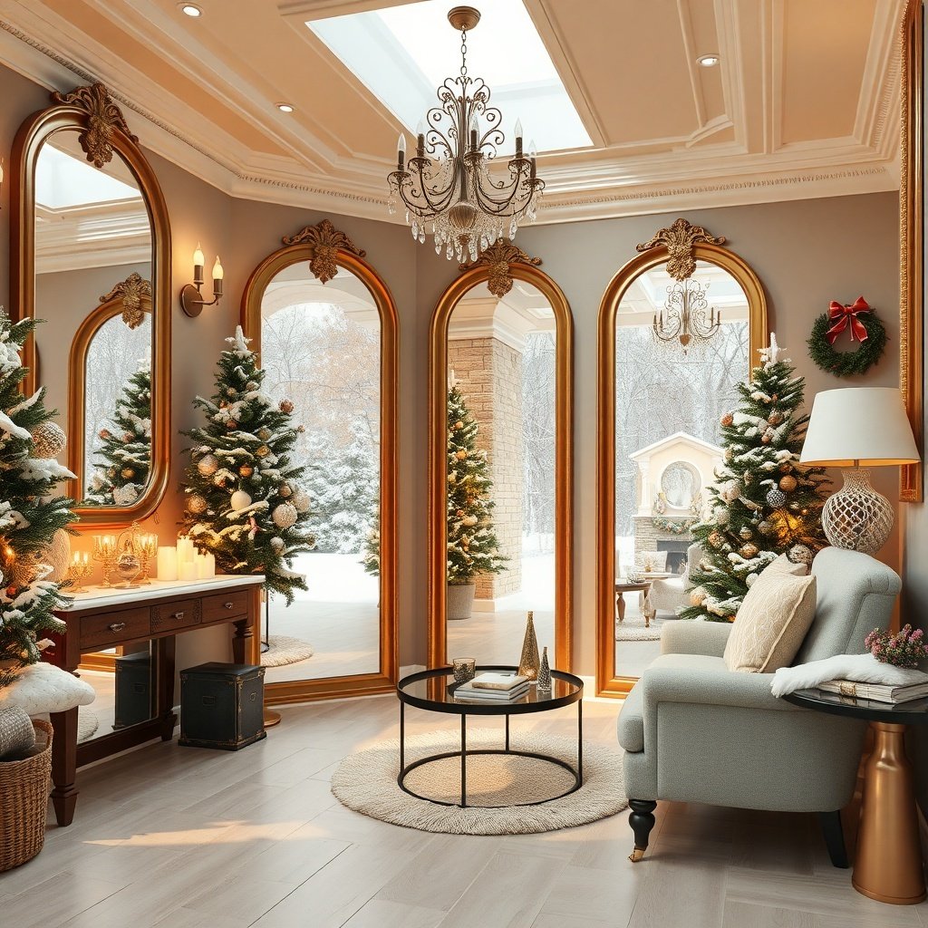 A cozy winter room with large mirrors reflecting light and decorated for winter after Christmas.