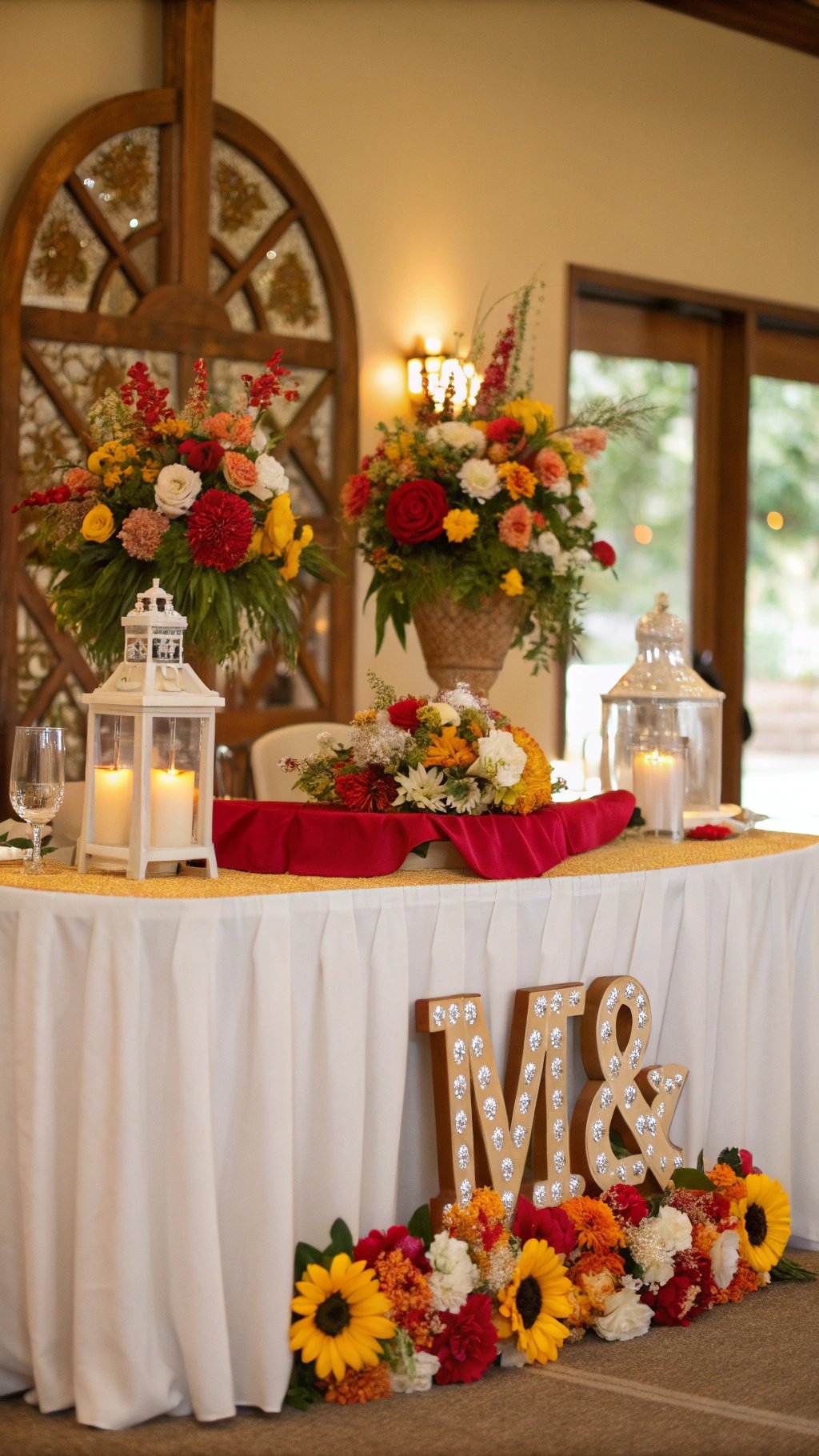 A wedding table decorated with flowers, lanterns, and personalized initials.