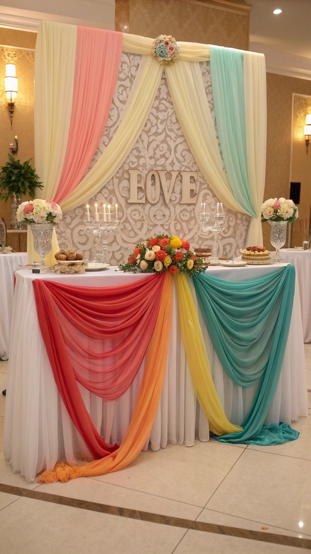A wedding table decorated with colorful draped fabrics and floral arrangements.