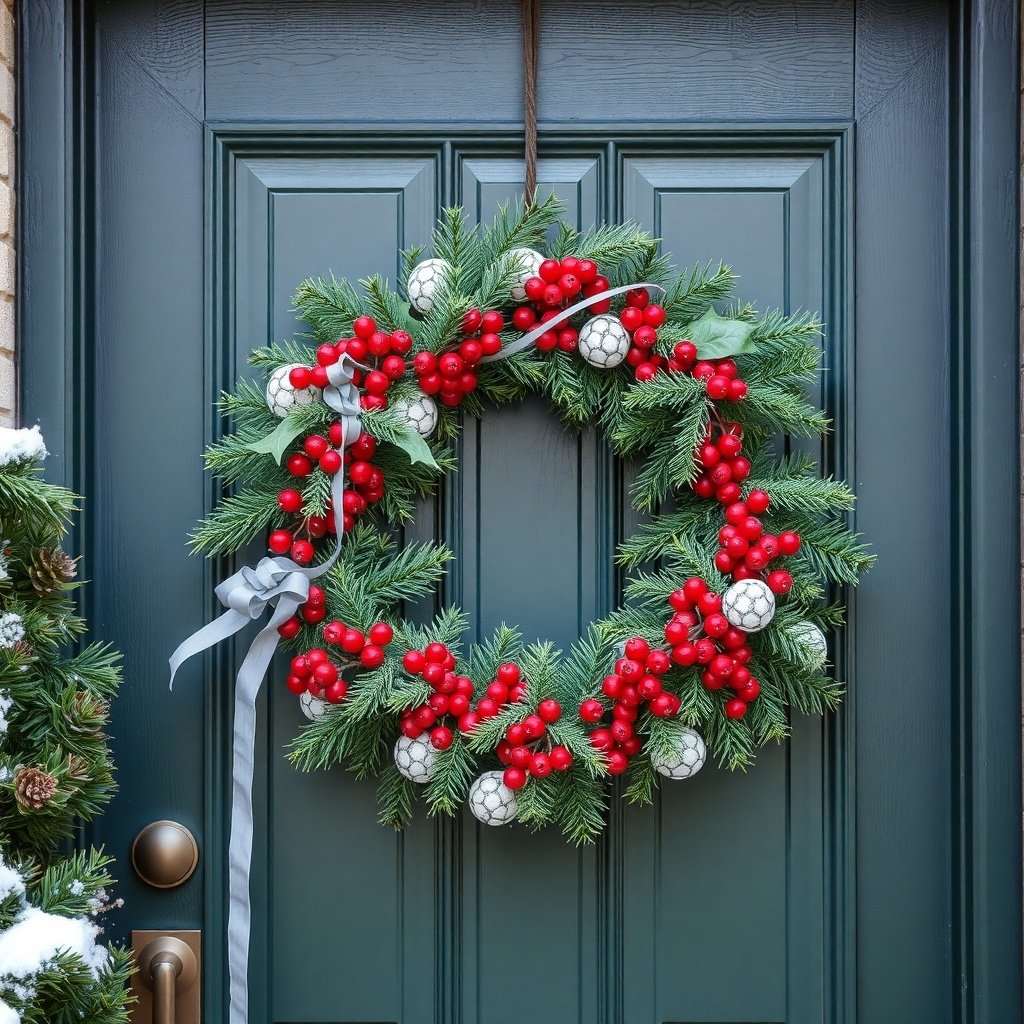 A winter-themed wreath with red berries and ornaments on a blue door