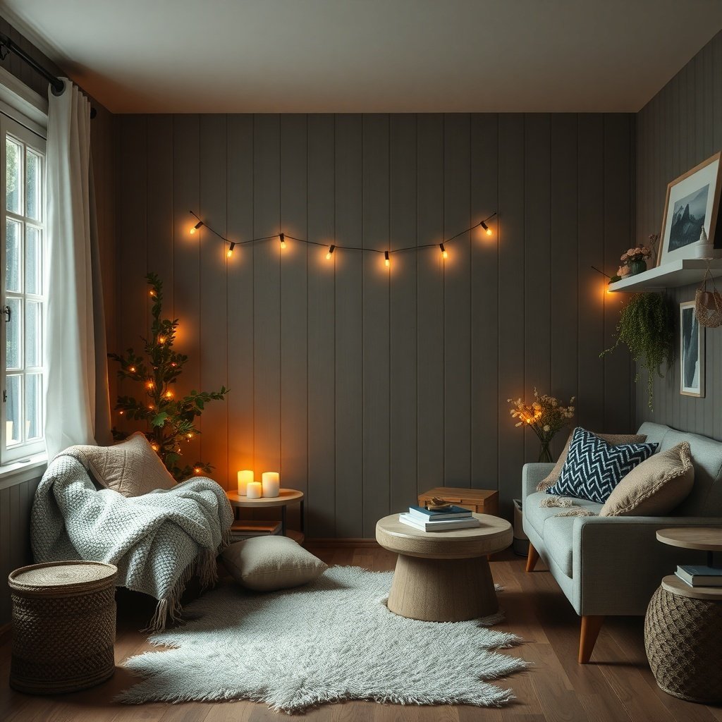 Cozy living room with soft lighting, a small tree, and warm textures, embodying hygge principles.