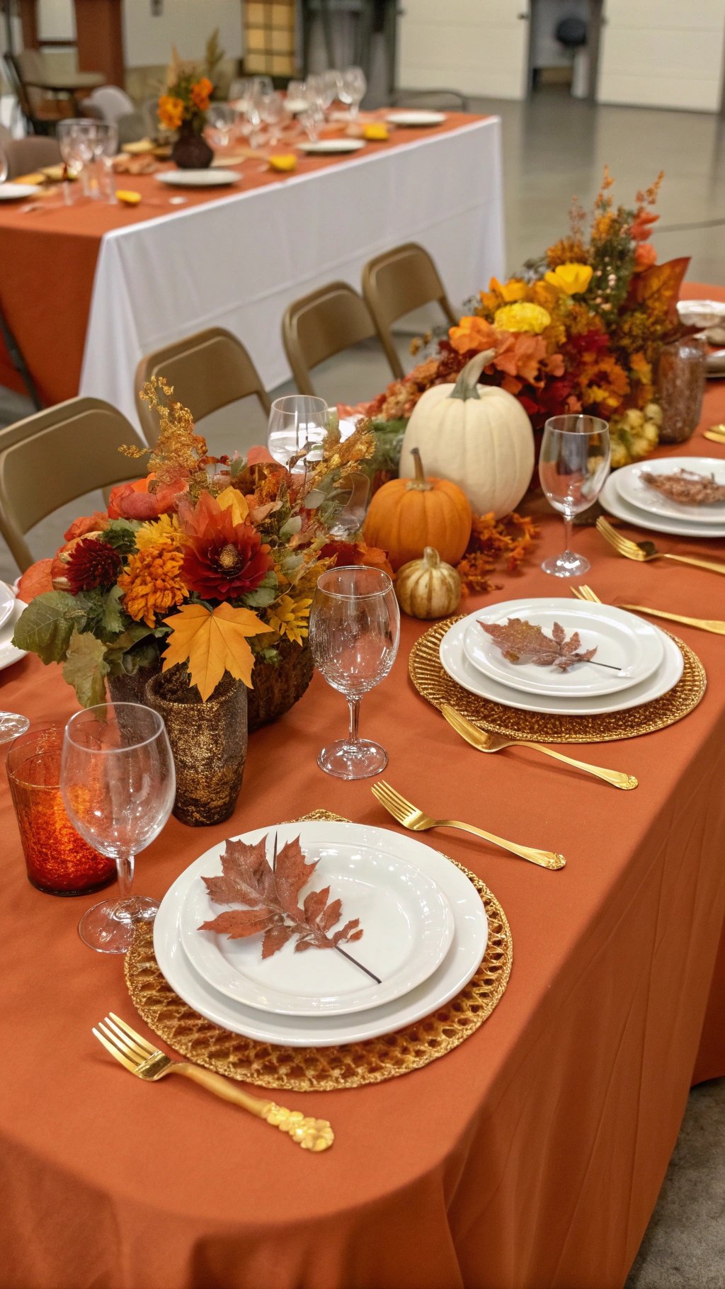 A beautifully arranged table setting featuring a burnt orange tablecloth, autumn flower centerpieces, pumpkins, and elegant dishware.
