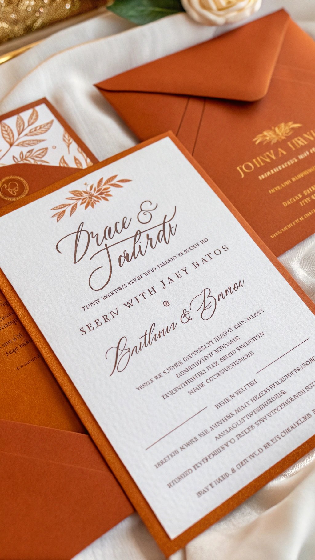 Burnt orange wedding invitation with floral design and elegant script