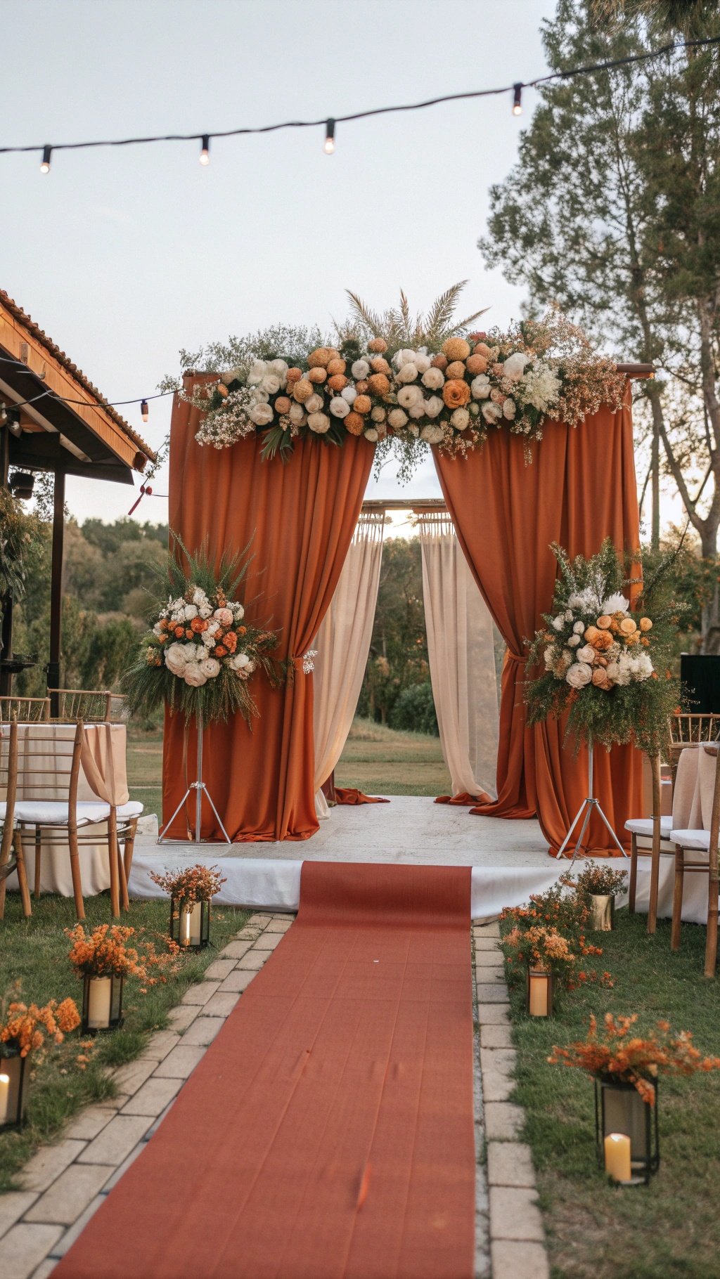 A rustic wedding ceremony backdrop featuring burnt orange drapes, floral arrangements, and a matching aisle.