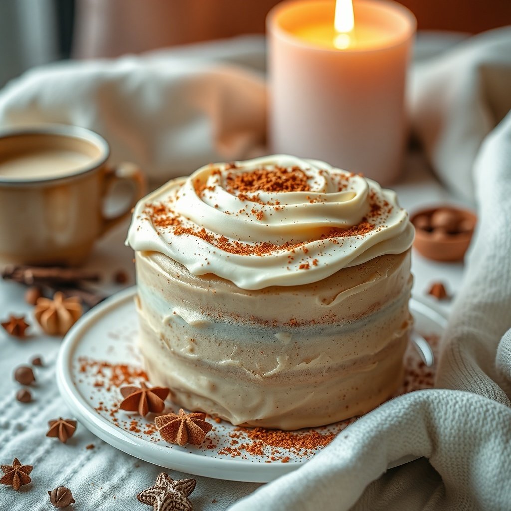 A beautifully decorated chai latte cake with creamy frosting and a sprinkle of spices, accompanied by a cup of chai and a candle.