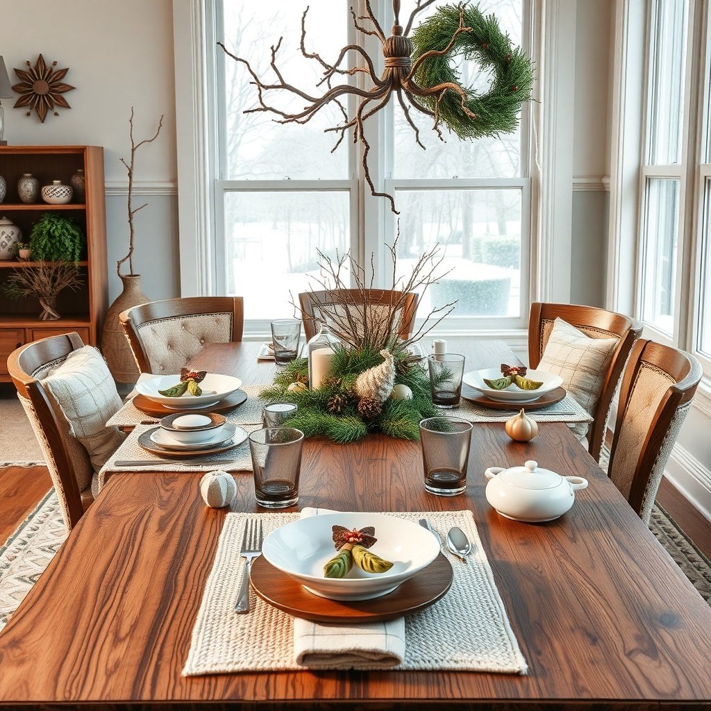 A winter-themed dining table setting with natural decor elements.