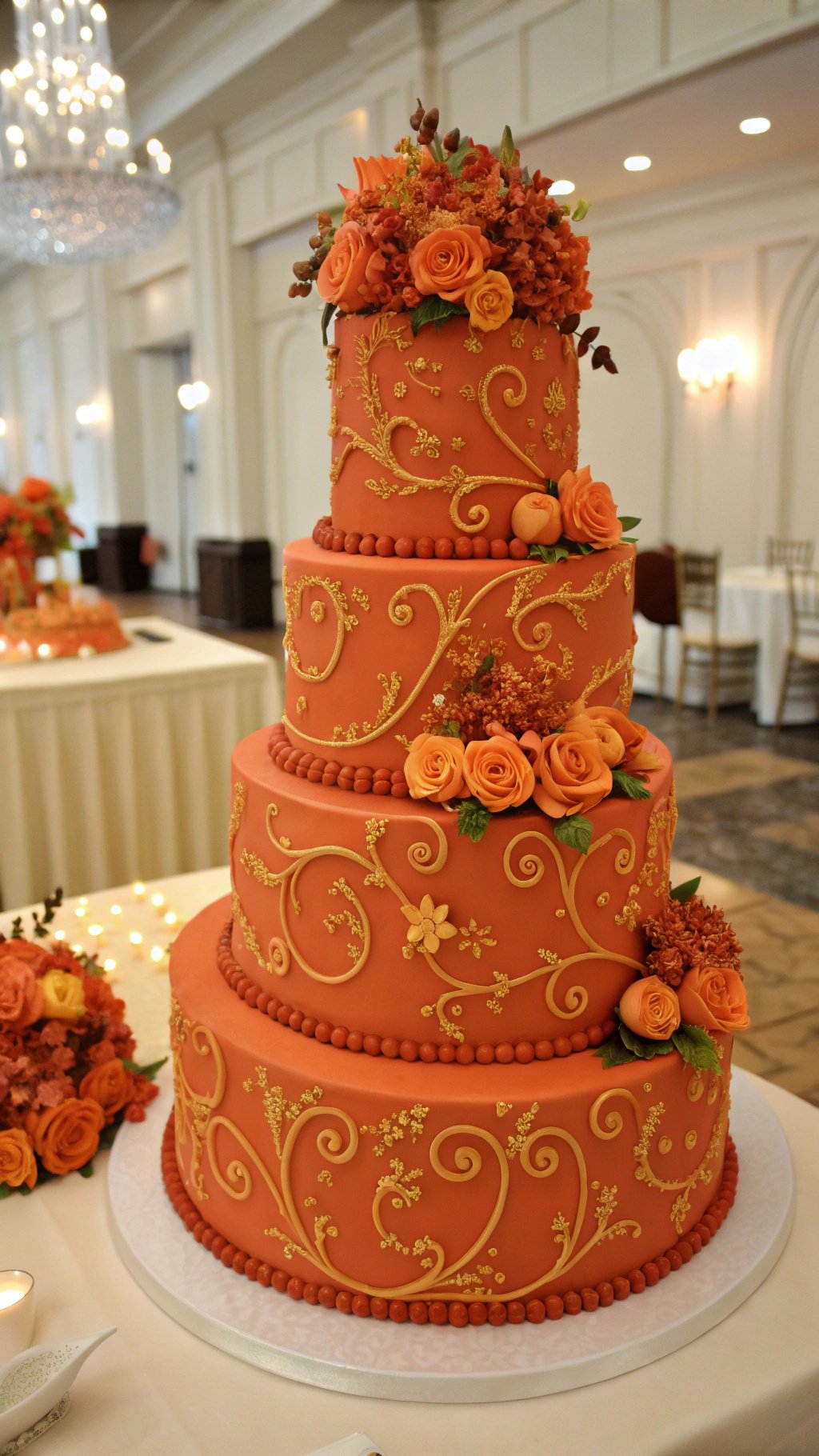 A three-tiered burnt orange wedding cake decorated with golden accents and fresh orange roses.