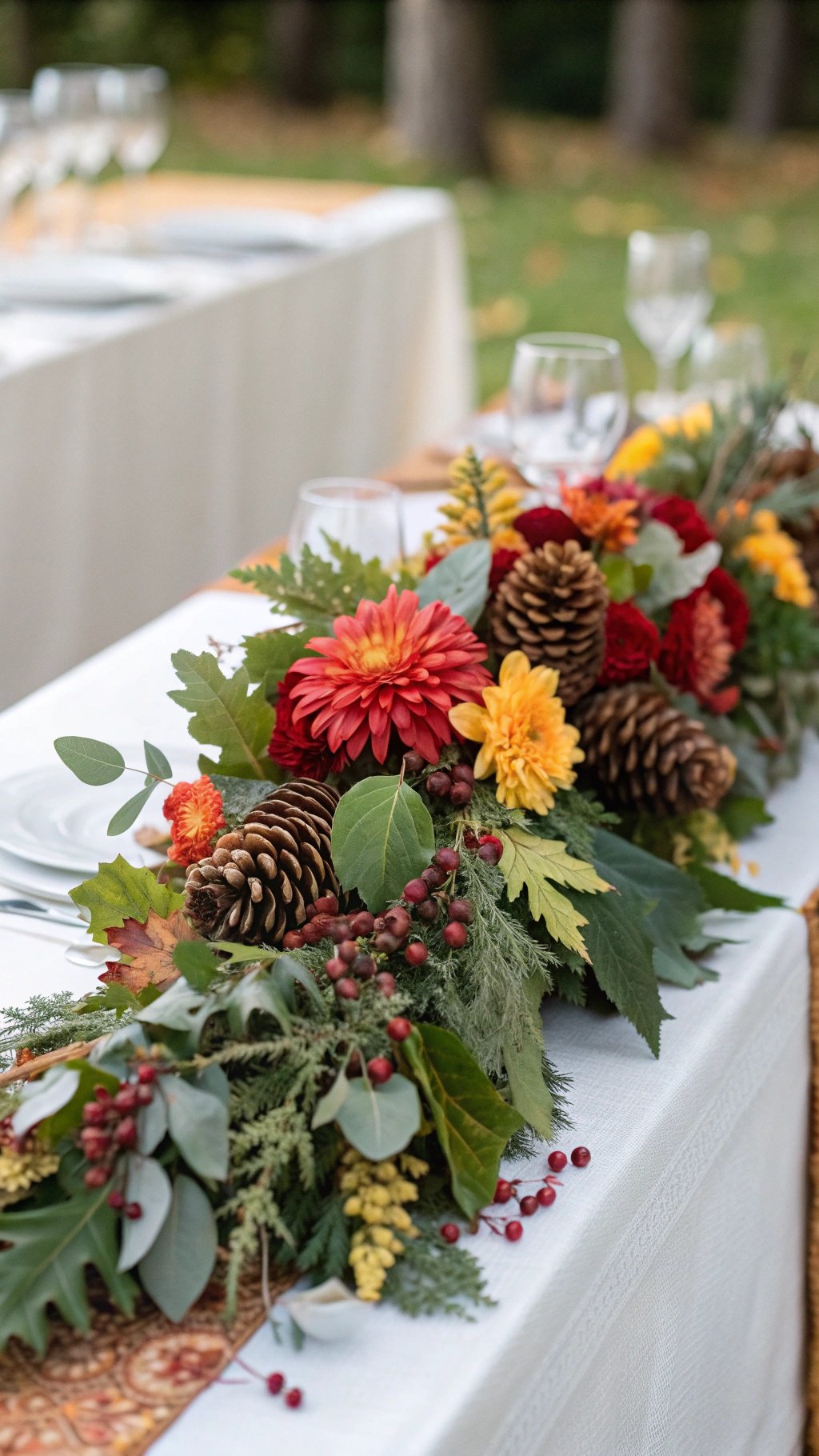 A wedding table decoration featuring a floral arrangement with red and yellow flowers, pinecones, and greenery.