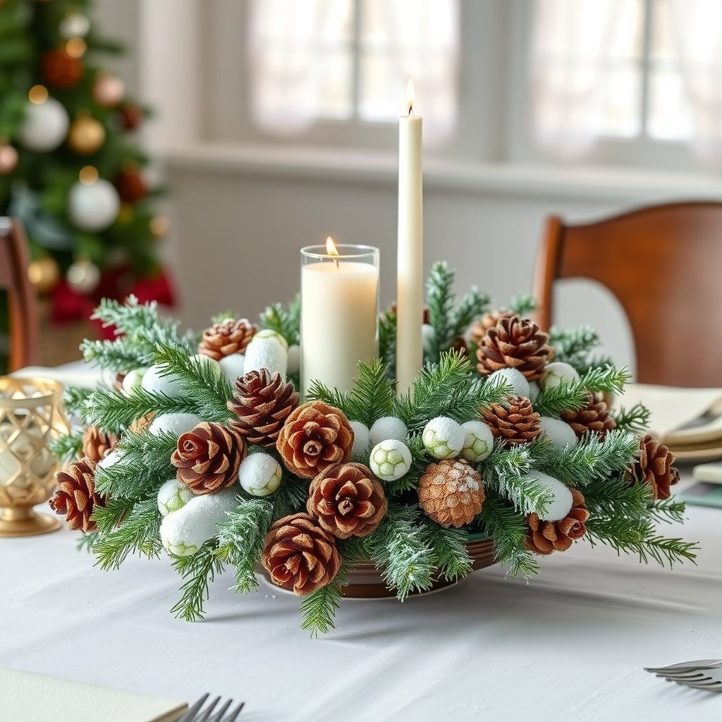 A winter centerpiece with pinecones, greenery, and candles on a table.