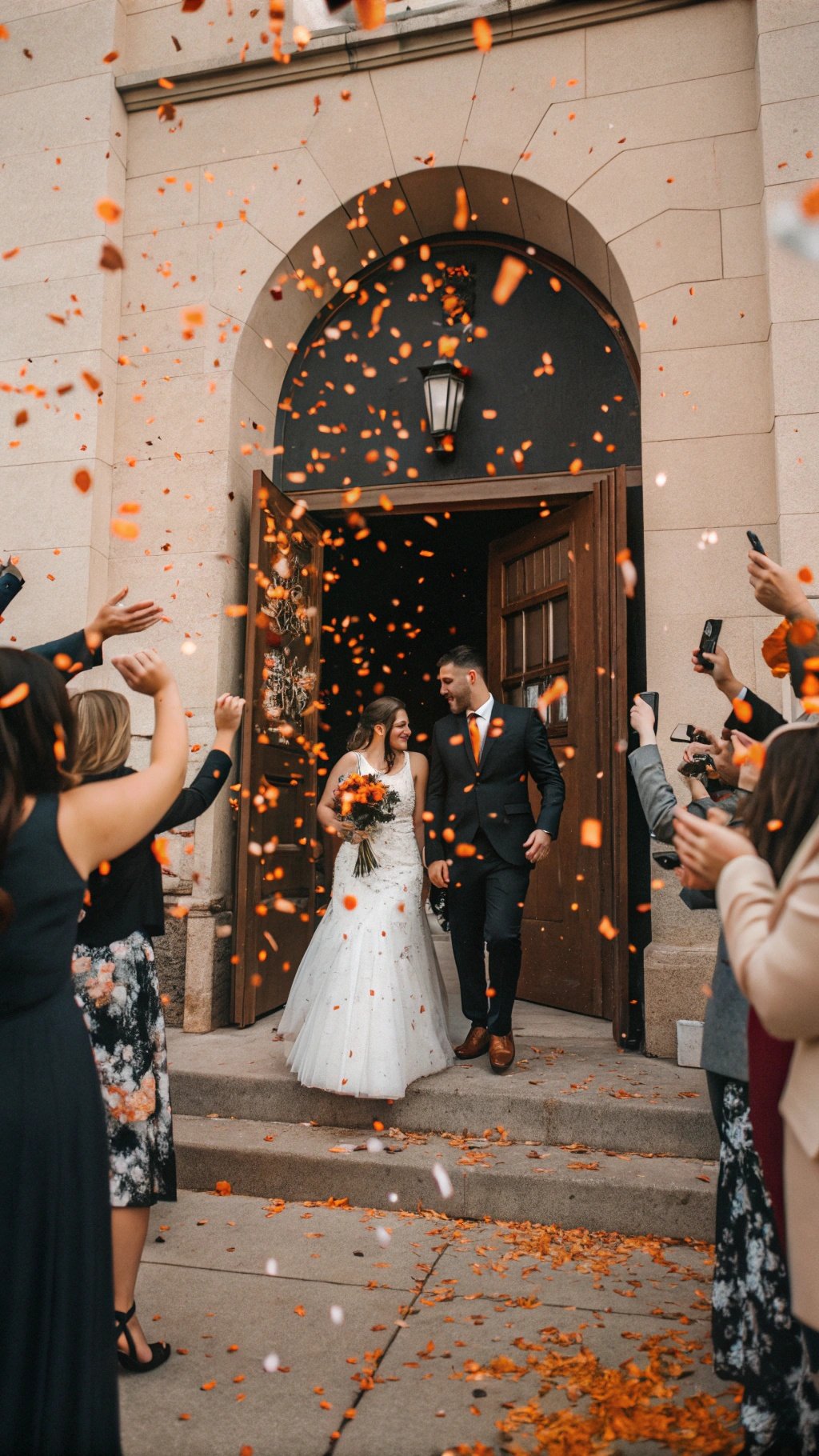 A couple exiting a wedding venue surrounded by guests throwing burnt orange confetti.
