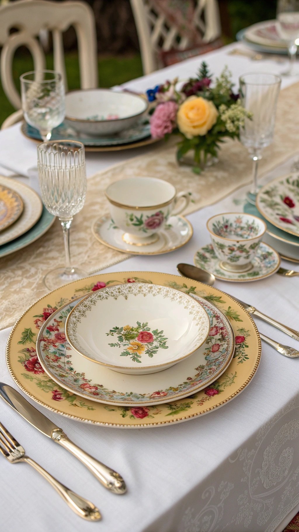 A beautifully set wedding table featuring antique tableware, including floral china and elegant glassware.