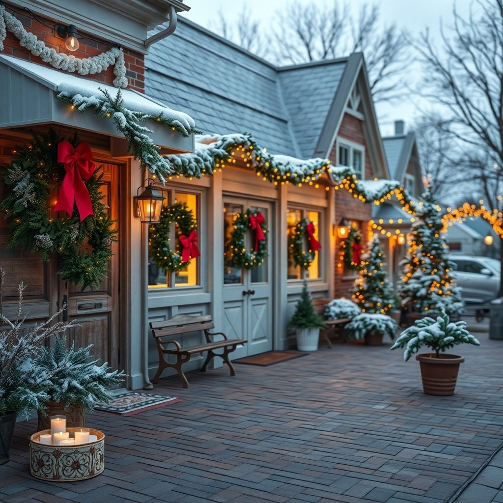 Charming outdoor winter decor with wreaths and snow-covered plants
