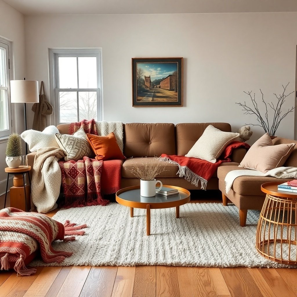 A cozy living room with a brown sofa, warm textiles, and a soft rug, perfect for winter decor.