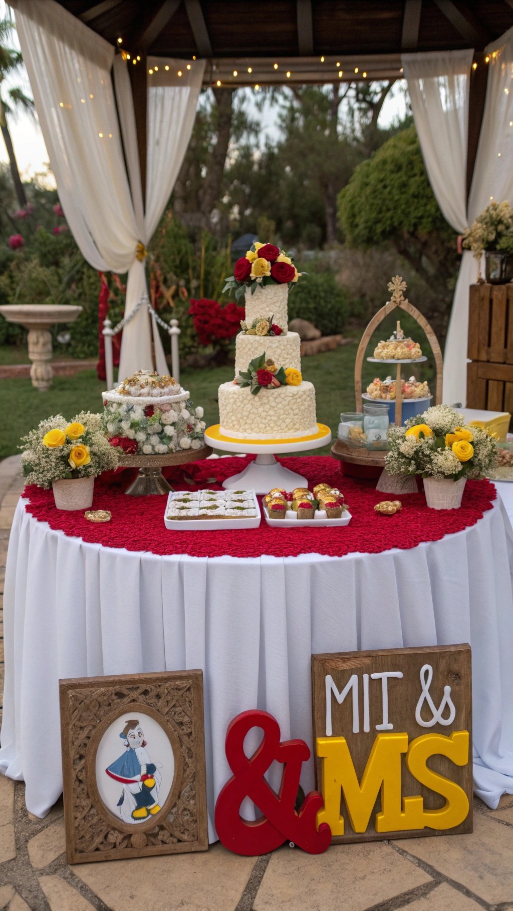 A wedding dessert table with a red tablecloth, white cake, and colorful decorations. Wedding Table Decoration
