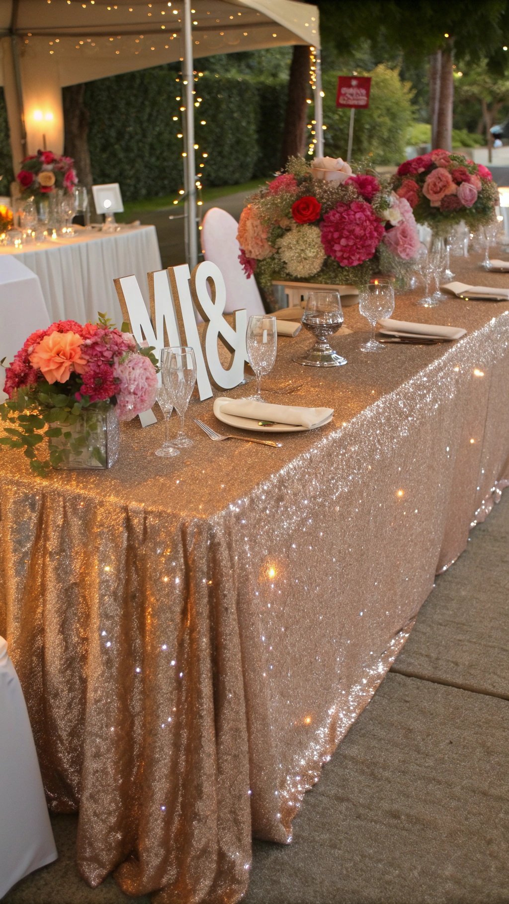 A wedding table decorated with a gold sequin tablecloth, floral centerpieces, and elegant glassware.