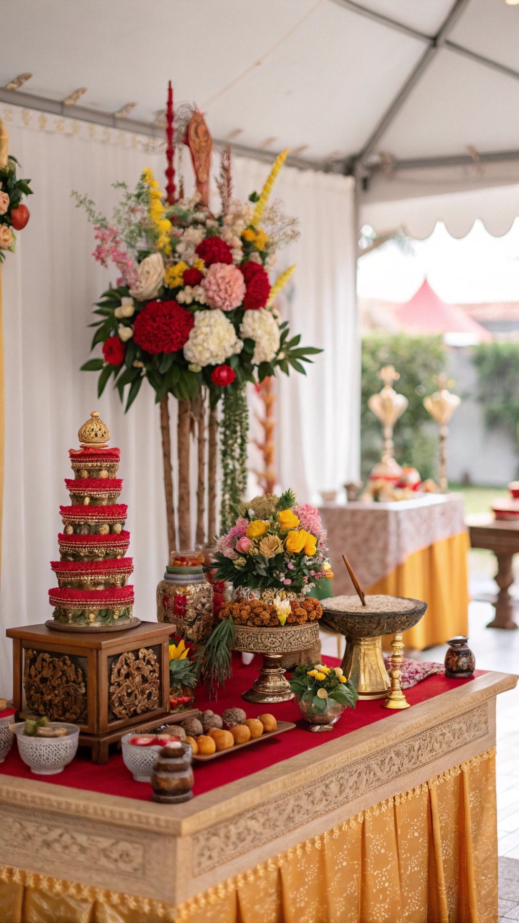 A beautifully decorated wedding table featuring vibrant flowers, sweets, and ornate decorations.