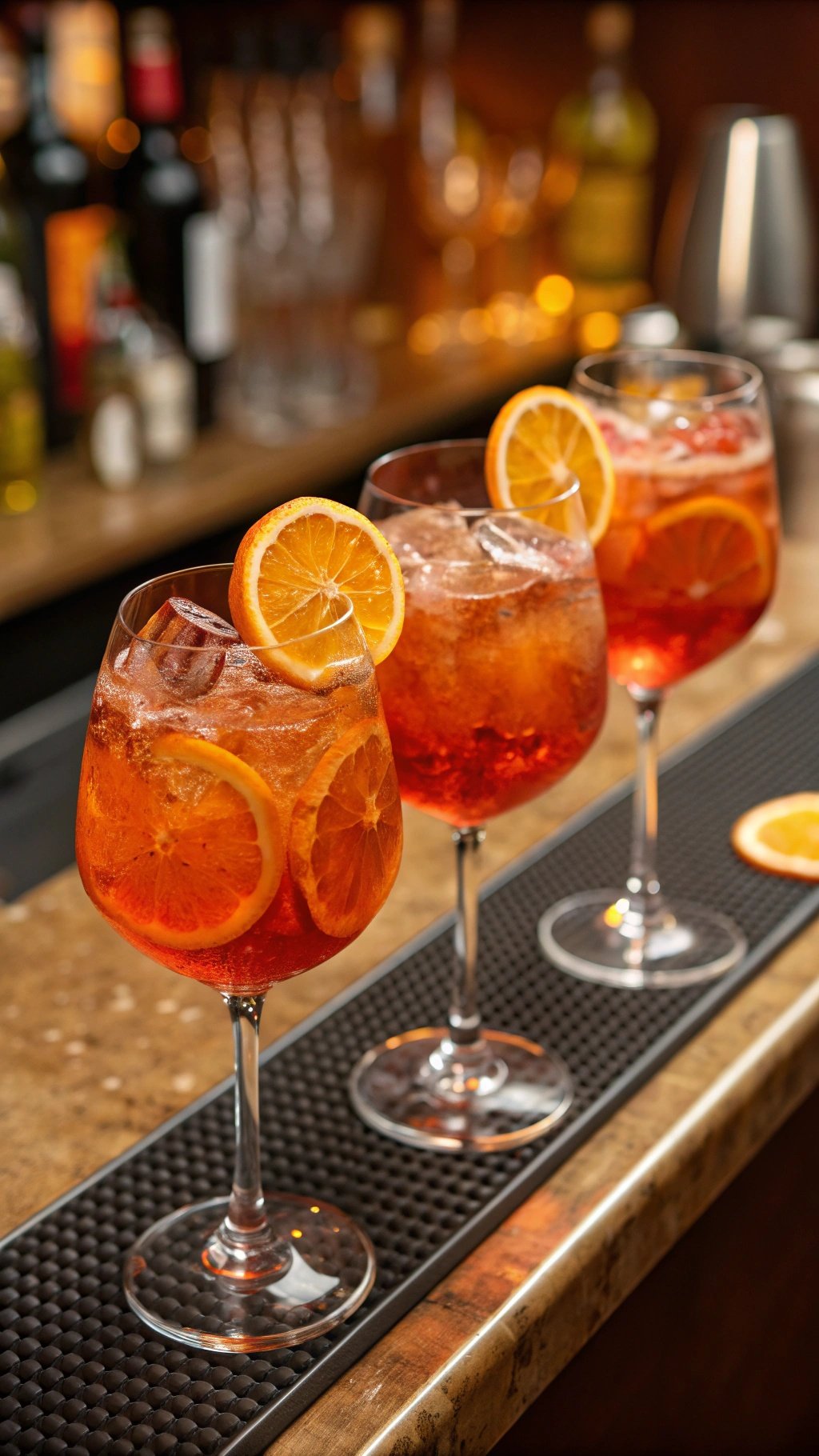 Three glasses of vibrant cocktails garnished with orange slices, set against a bar backdrop.