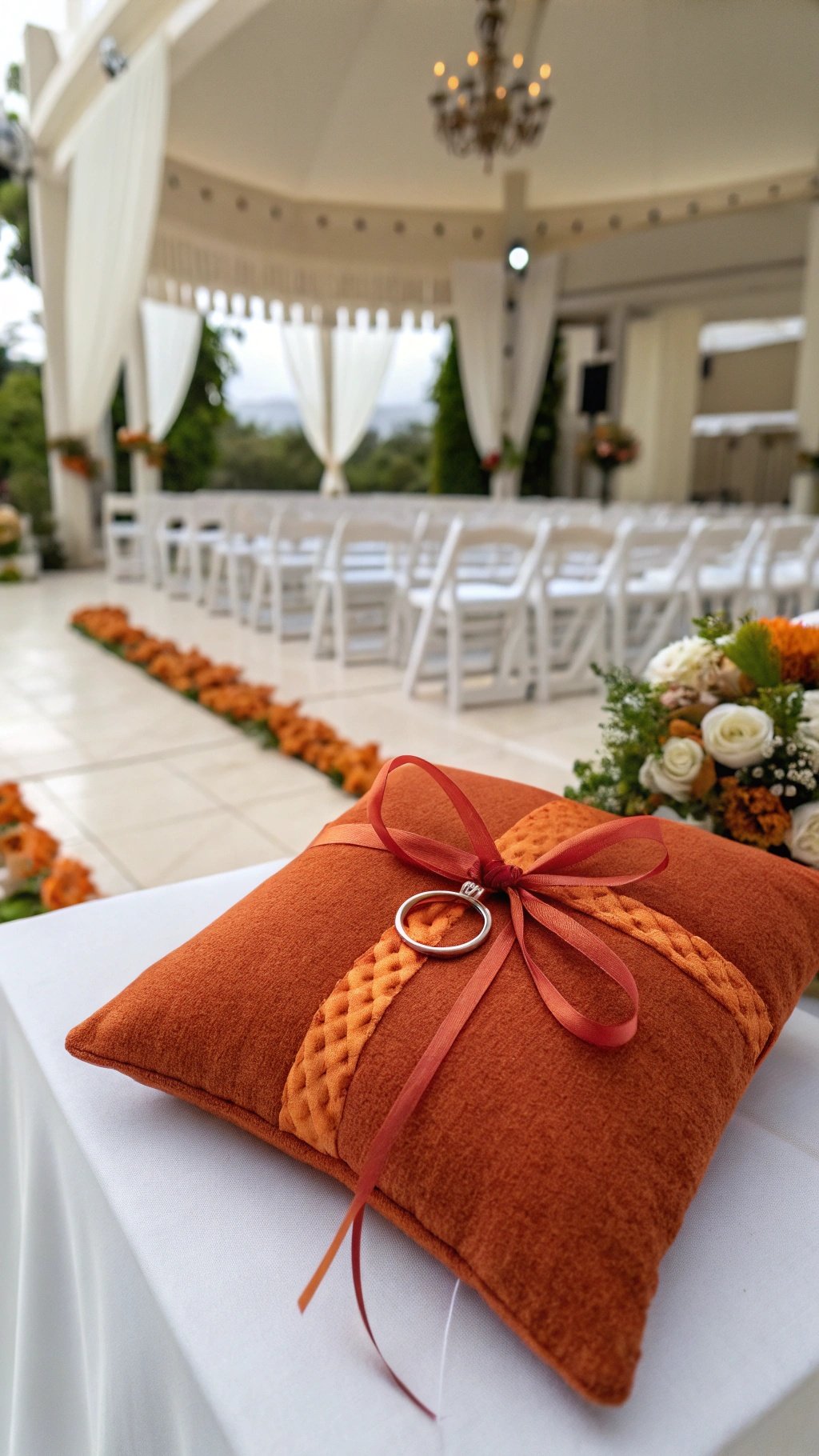 A burnt orange wedding ring pillow with a ribbon and ring holder, placed on a table at a wedding ceremony.