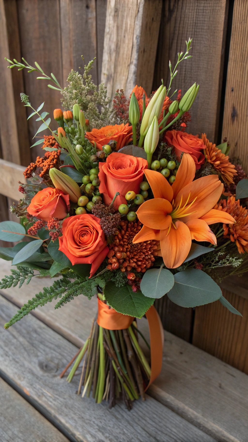 A bouquet featuring burnt orange roses, lilies, and greenery, tied with an orange ribbon. Burnt Orange Wedding