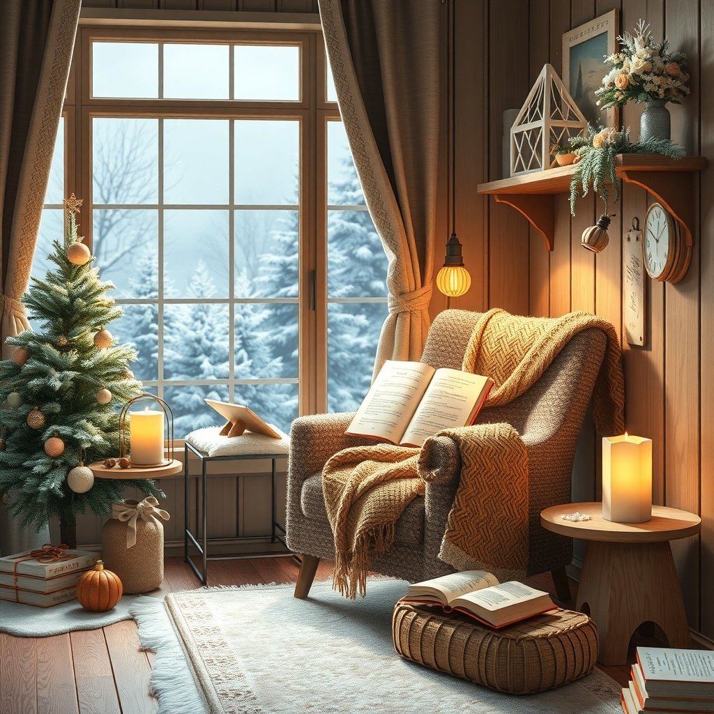 A cozy winter reading nook with a chair, blanket, books, and a small tree by the window.
