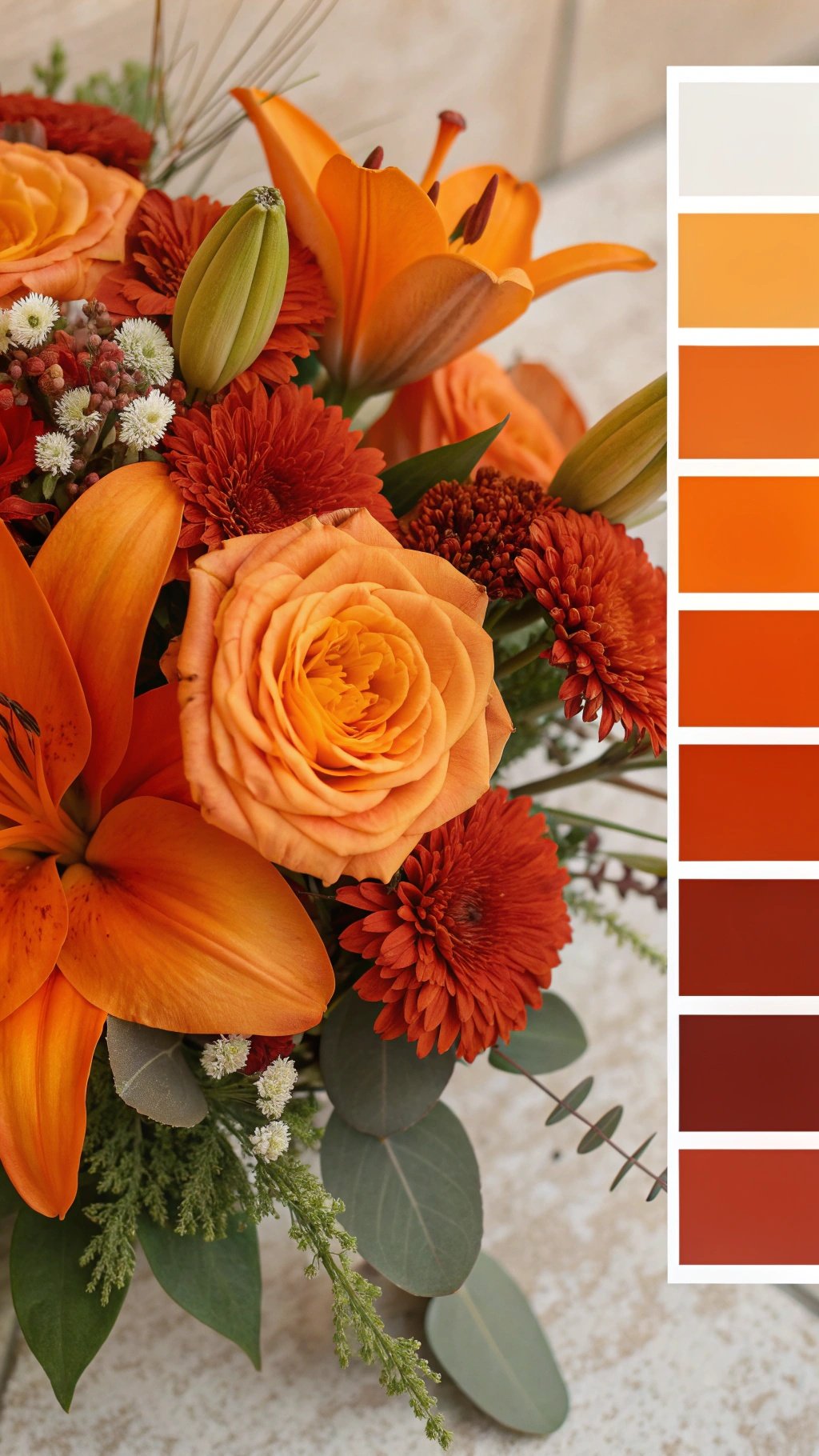 A bouquet featuring burnt orange flowers with a color palette swatch on the side.