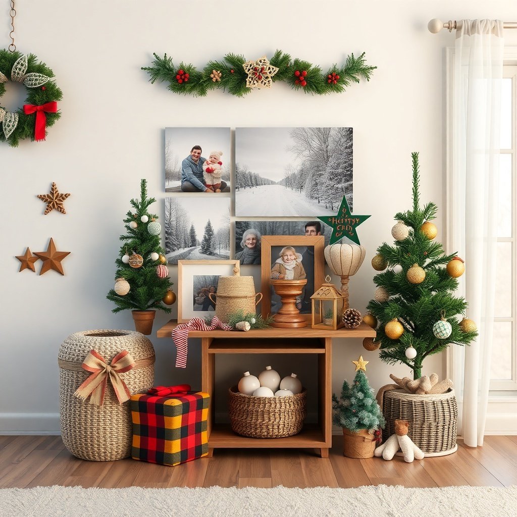 A cozy winter decor setup featuring a small tree, framed photos, and woven baskets.