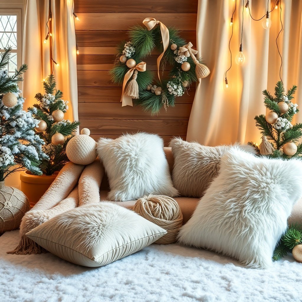 Cozy living room with faux fur pillows, a wreath, and winter decor.