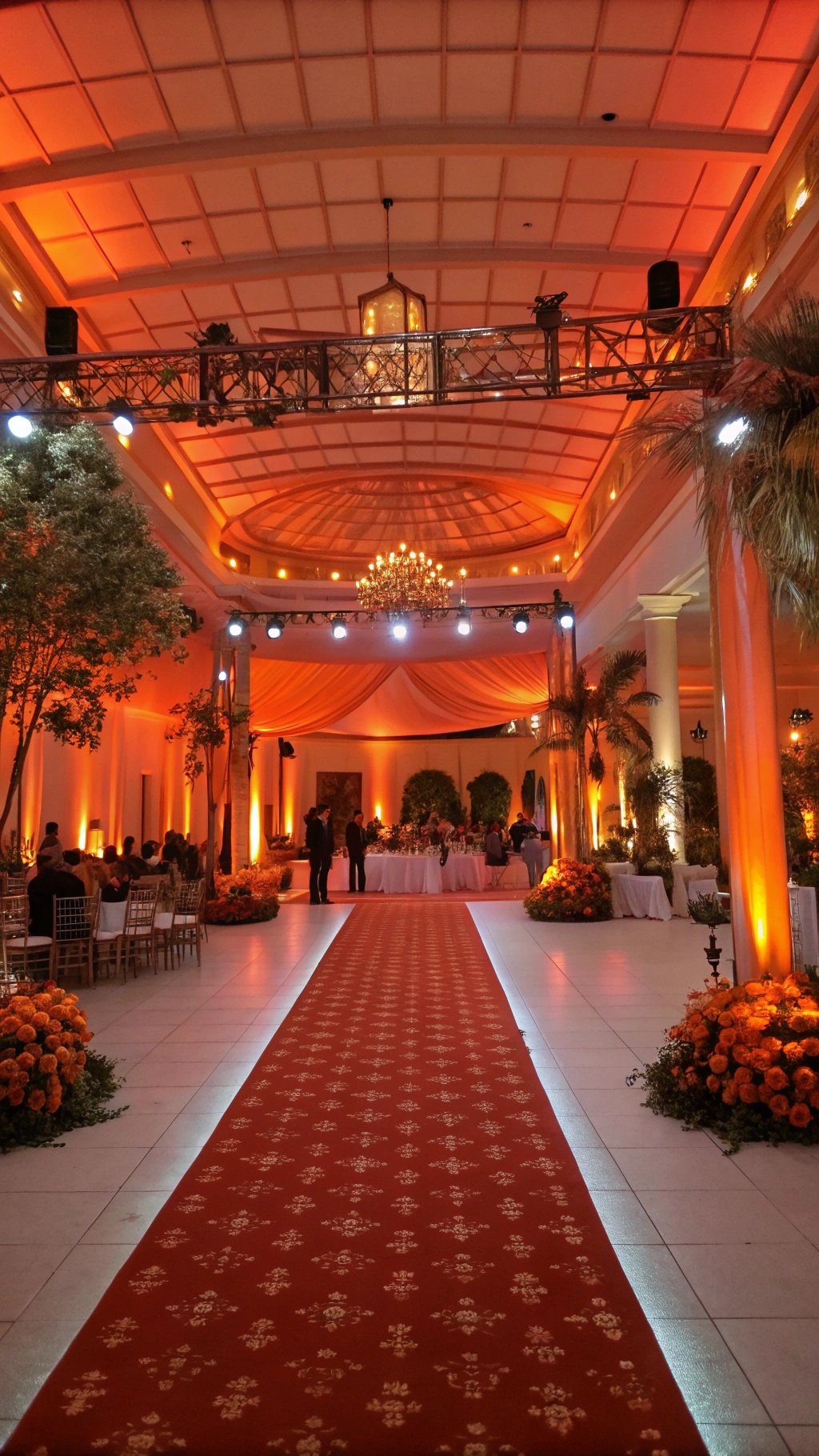 A beautifully lit wedding venue featuring burnt orange lighting, elegant decor, and a red carpet.