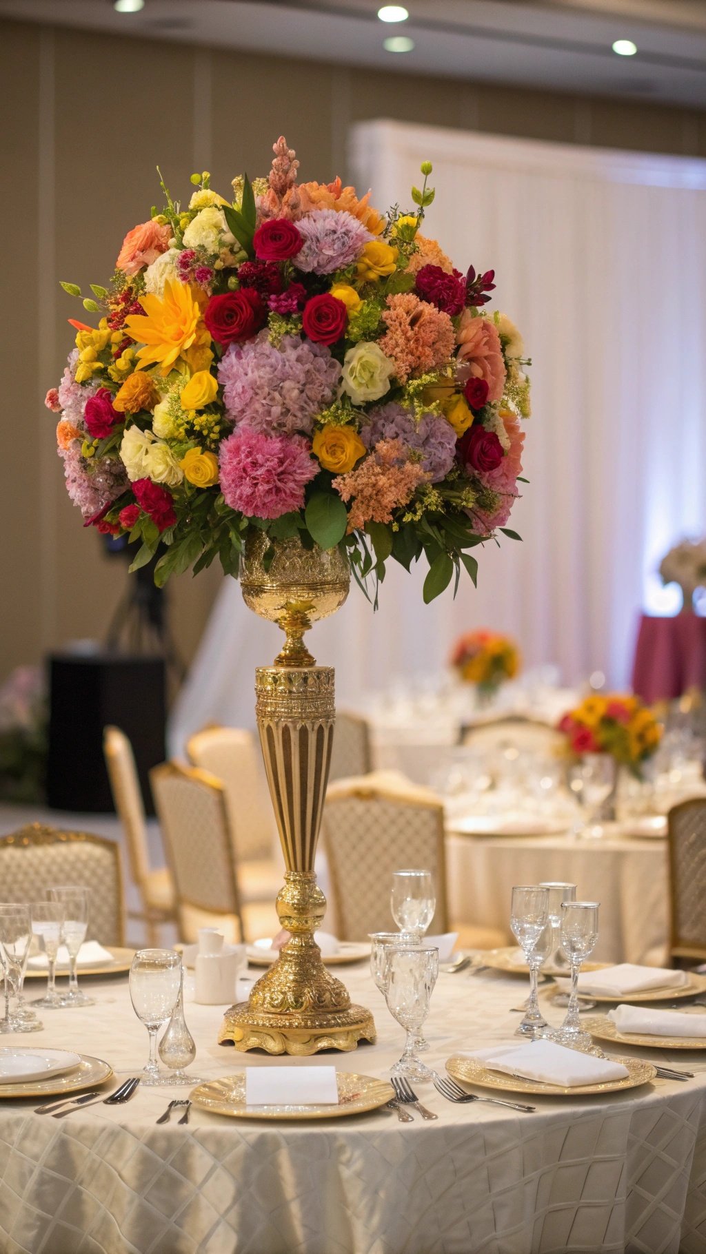 A beautifully arranged wedding table with a tall floral centerpiece in vibrant colors.