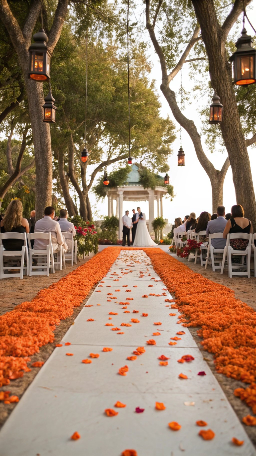 A wedding ceremony aisle decorated with burnt orange flower petals leading to a gazebo, surrounded by guests and lanterns.