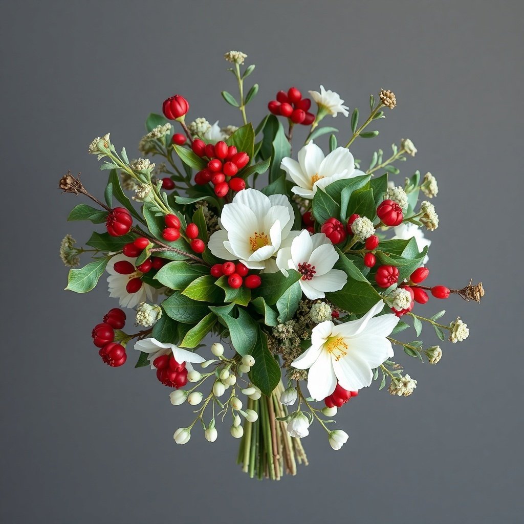 A bouquet featuring white flowers, red berries, and green leaves, perfect for winter decor.