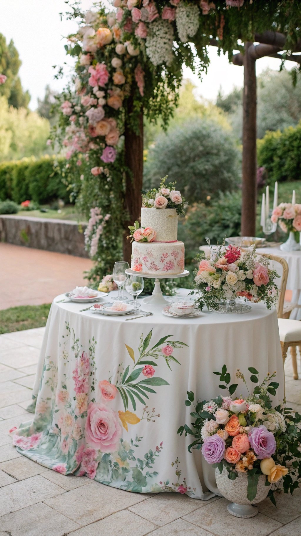 A wedding table decorated with floral patterns, featuring a cake and elegant glassware.