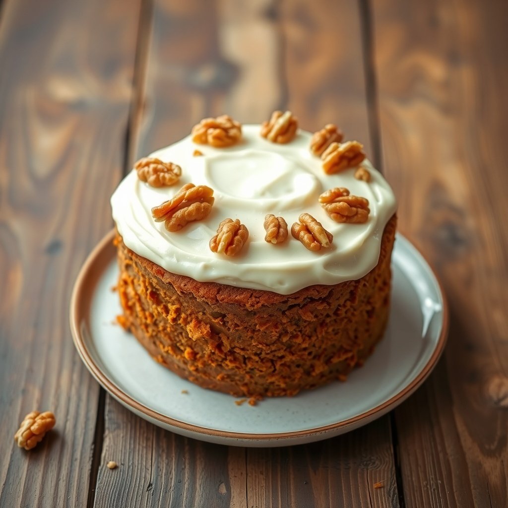 A delicious carrot cake topped with cream cheese frosting and walnuts, perfect for celebrating the new year.