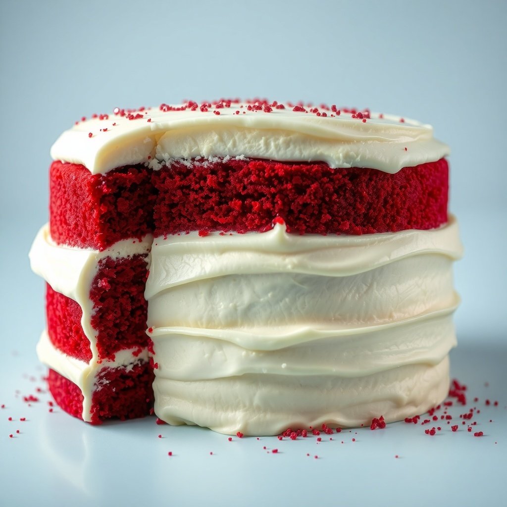 A beautifully layered red velvet cake with cream cheese frosting and red crumbs on top.