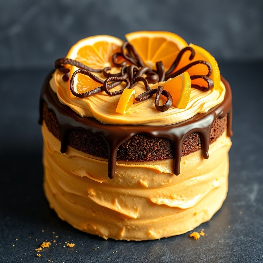 A beautifully decorated Chocolate Orange Cake topped with orange slices and chocolate drizzle.