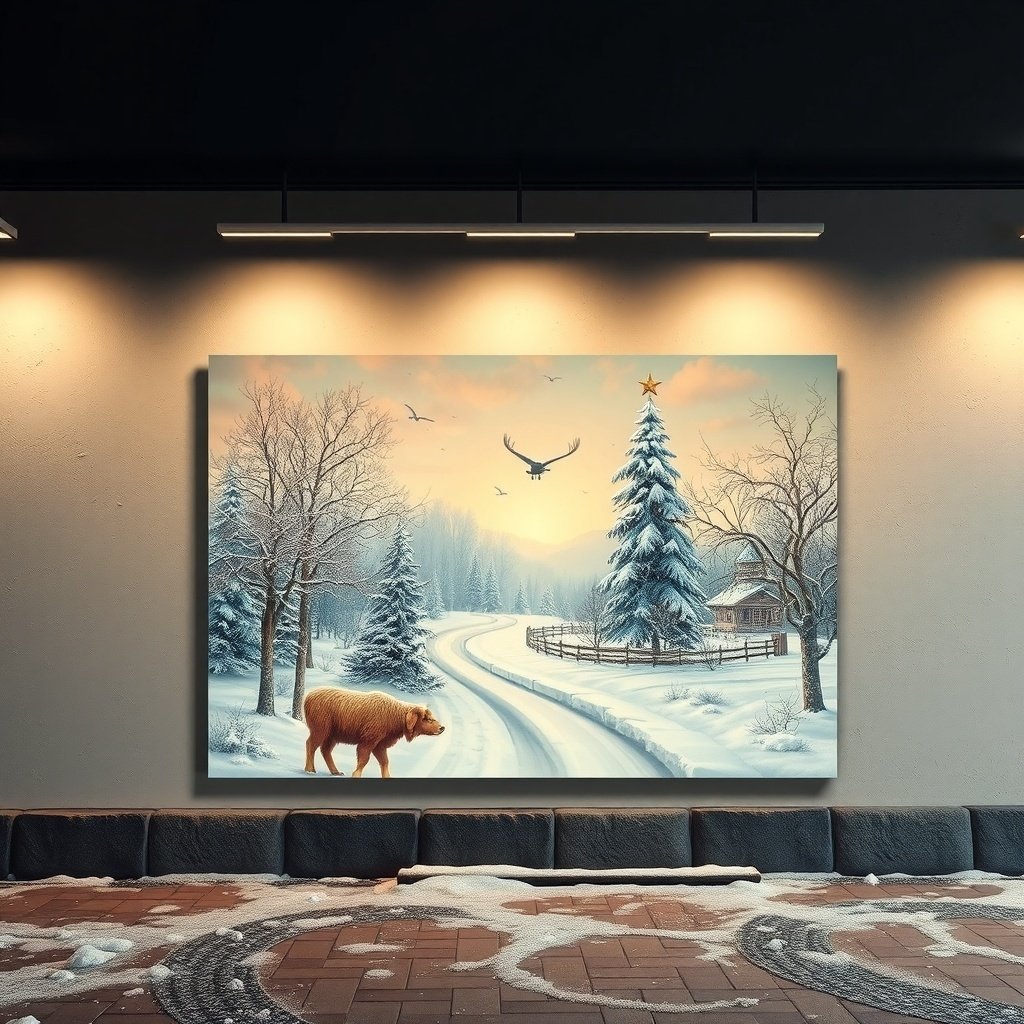 A winter landscape painting featuring a snowy road, trees, a bear, and a cabin.