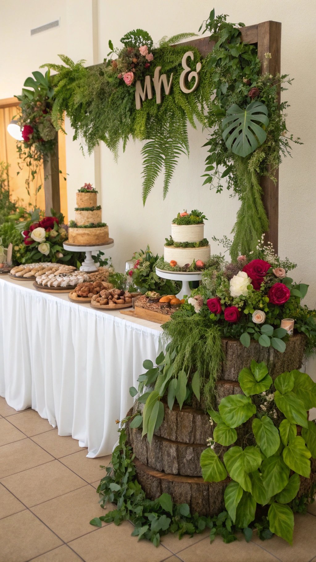 A wedding table decorated with greenery, flowers, and cakes, featuring a wooden backdrop.