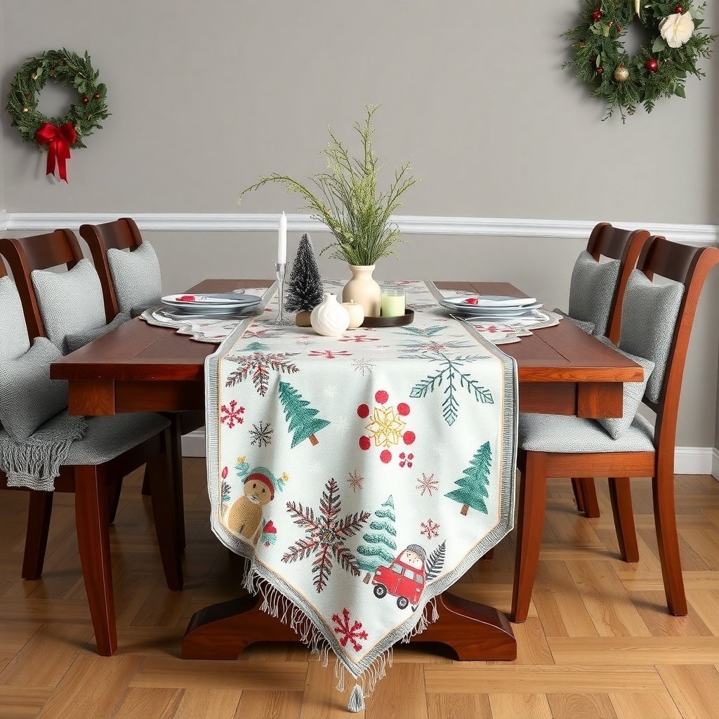 A winter-themed table runner with snowflakes and trees on a dining table.