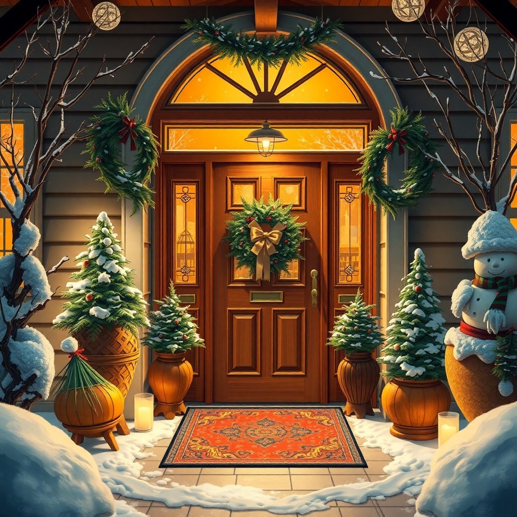 A cozy winter entrance with a decorated door, small evergreen trees, and a snowman.