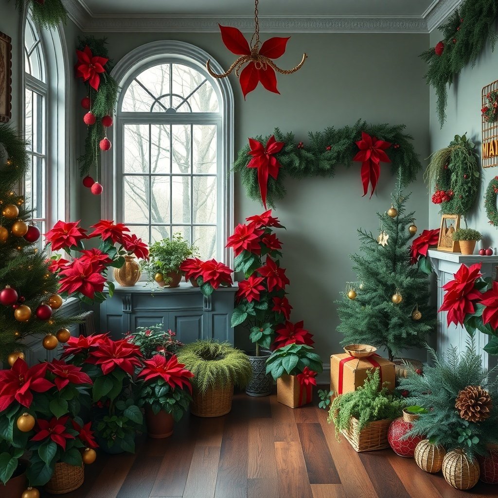A cozy room decorated with poinsettias and evergreen plants, showcasing winter decor after Christmas decor.