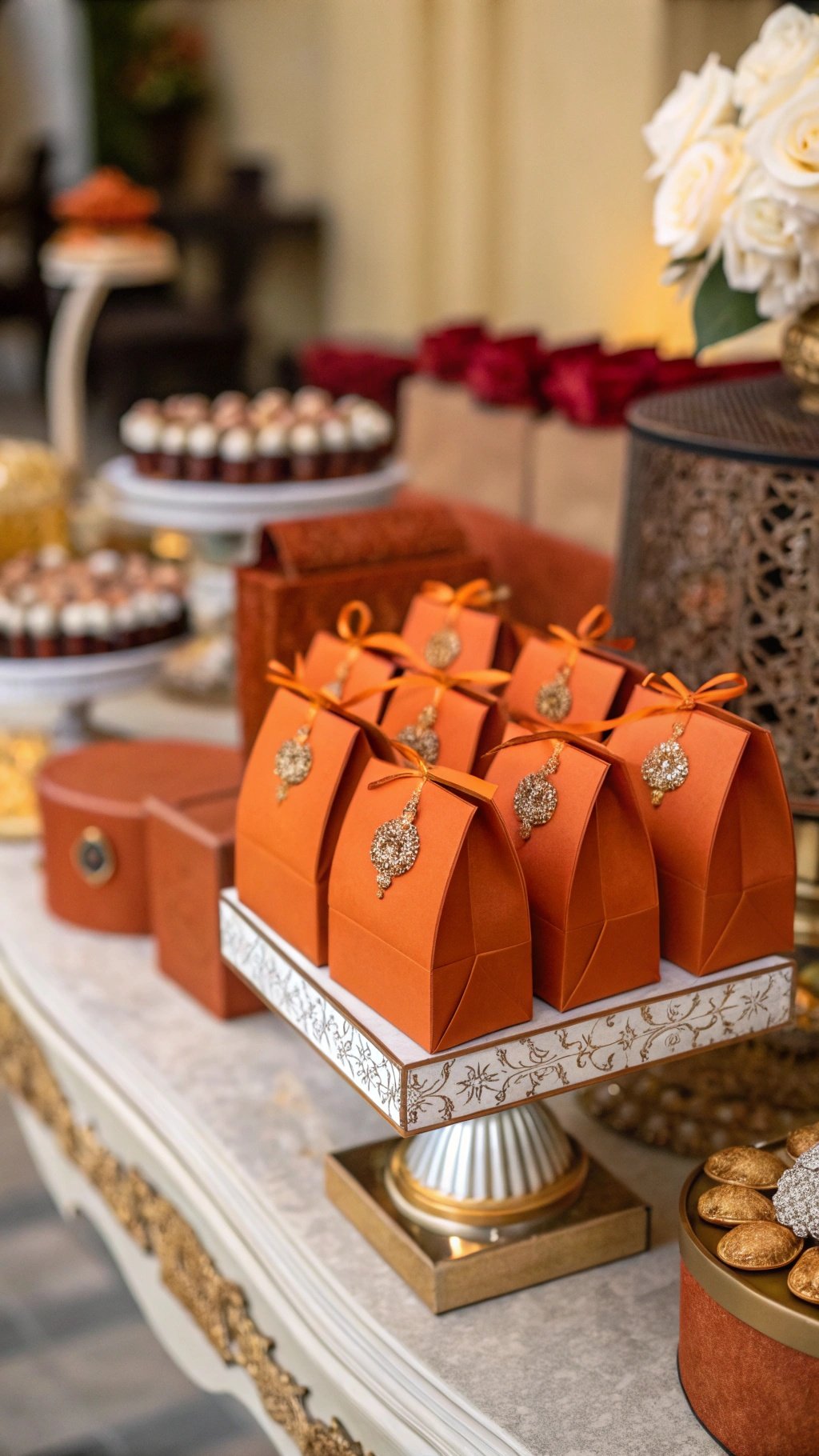 Burnt orange wedding favor boxes displayed elegantly on a table
